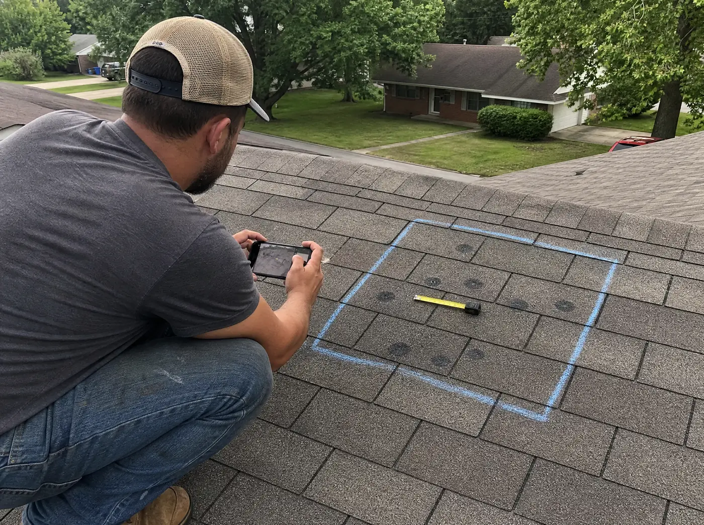 Roofer inspecting hail bruising on a Springfield MO shingle roof with a chalked test square