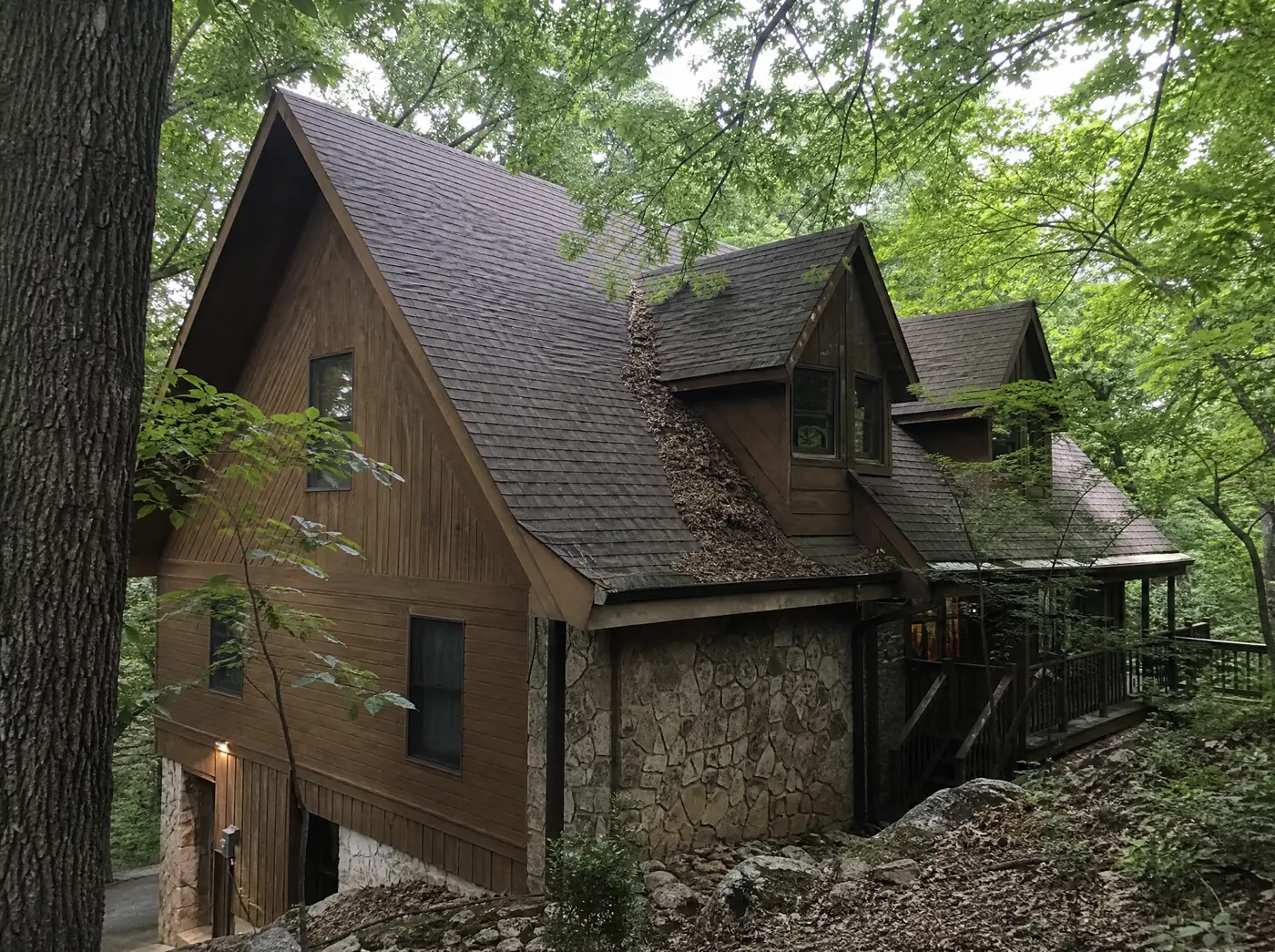 Steep cabin roof under heavy tree cover on an Ozark hillside near Branson MO