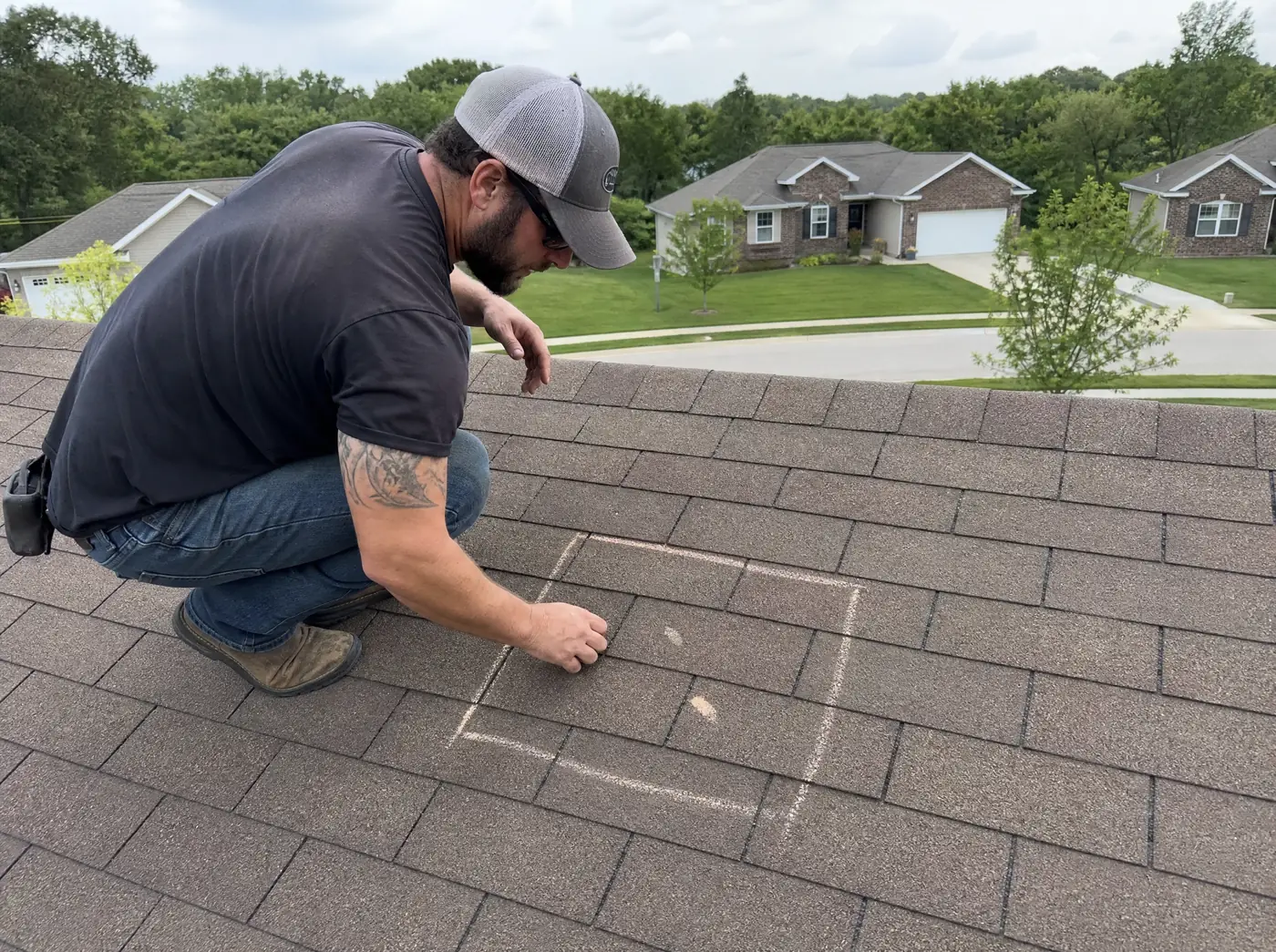 Roofer inspecting a Nixa MO roof for marginal hail damage after the April 2026 storm